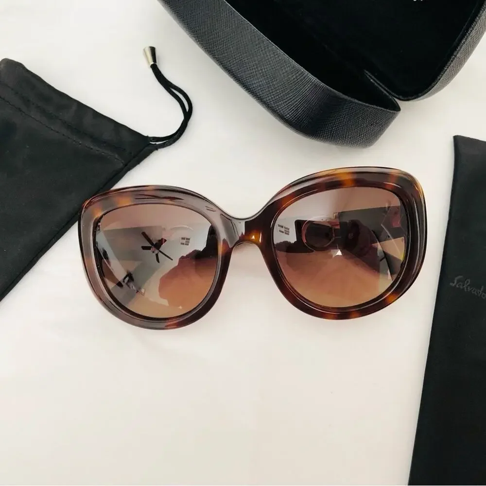 Salvatore Ferragamo Tortoise & Gold Sunglasses Case Dust Bag & Cloth Retail $475